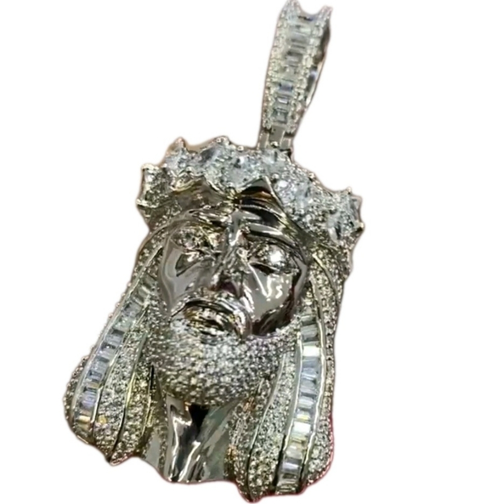 Jesus Pendant/ White Gold Plated .925 Sterling Silver w Mossinite Clear  Stones